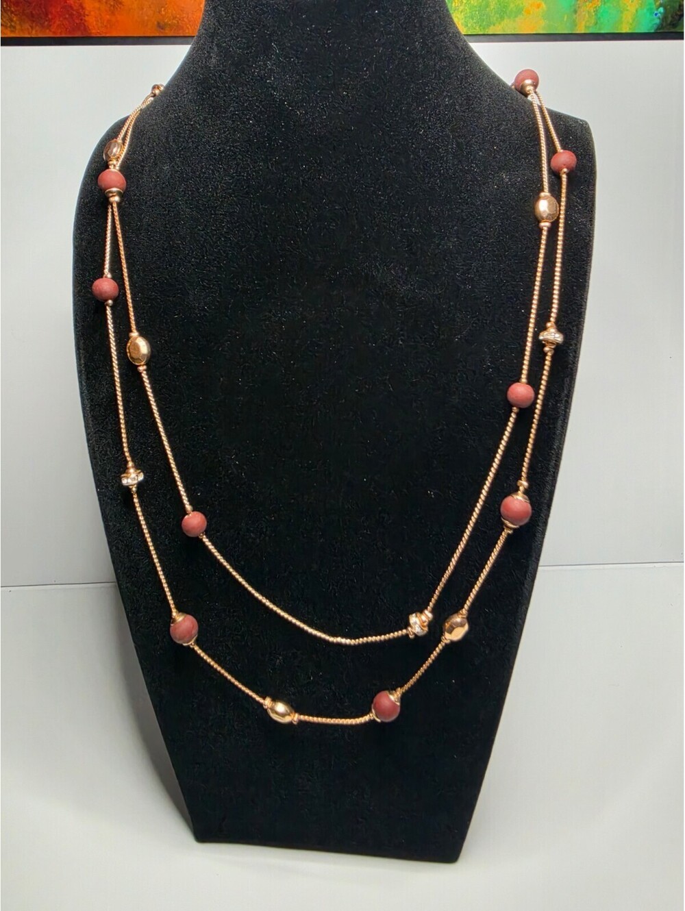 Charming Charlier Rose Gold Tone Double Strand Beaded Station Necklace Long 32"